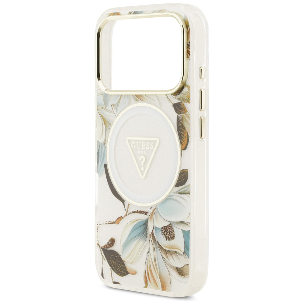 Custodia MagSafe per Apple iPhone 18 Pro / 17 Pro, Guess, IML Metal Glitter Flowers Triangle, Bianca