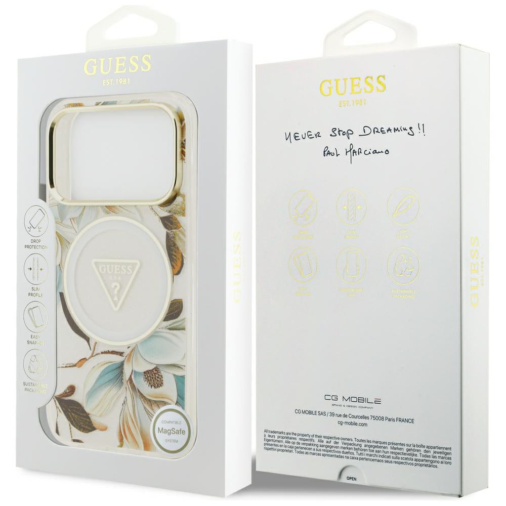 Custodia MagSafe per Apple iPhone 18 Pro / 17 Pro, Guess, IML Metal Glitter Flowers Triangle, Bianca