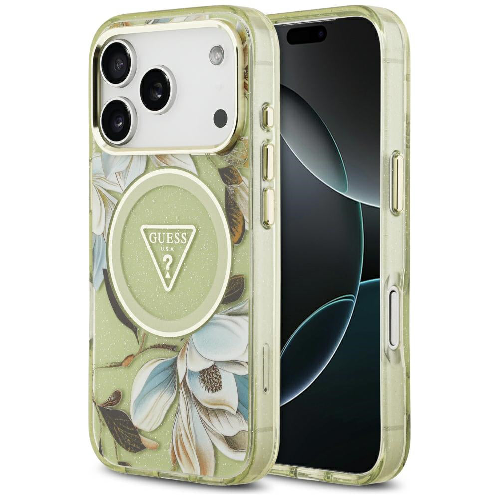 Custodia MagSafe per Apple iPhone 18 Pro / 17 Pro, Guess, IML Metal Glitter Flowers Triangle, Verde