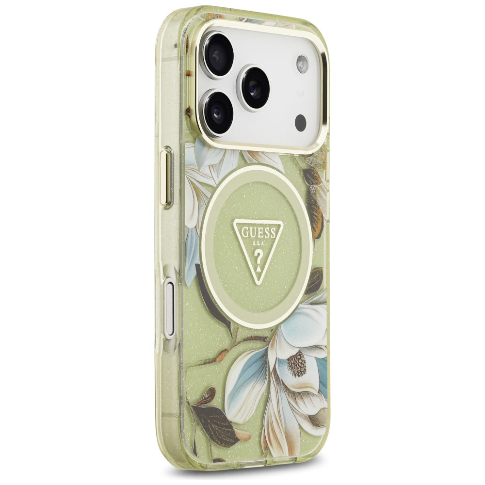 Custodia MagSafe per Apple iPhone 18 Pro / 17 Pro, Guess, IML Metal Glitter Flowers Triangle, Verde