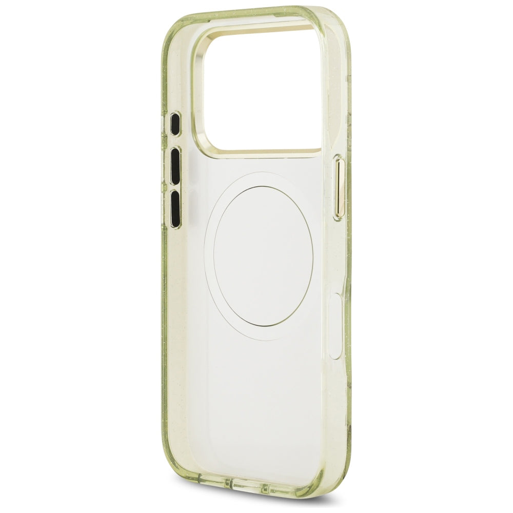 Custodia MagSafe per Apple iPhone 18 Pro / 17 Pro, Guess, IML Metal Glitter Flowers Triangle, Verde