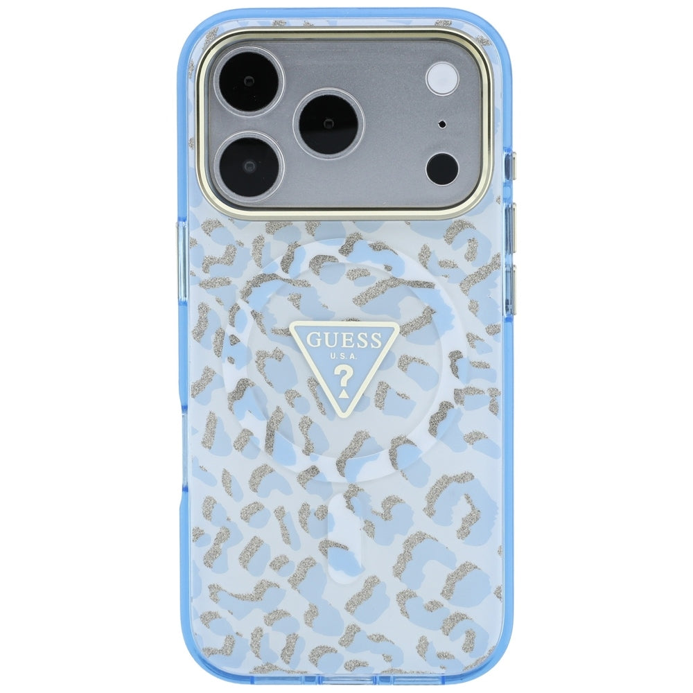 Custodia MagSafe per Apple iPhone 18 Pro / 17 Pro, Guess, Logo Triangolo Glitter Leopardo, Blu