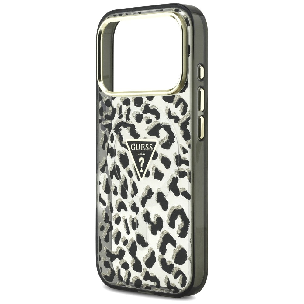 Custodia MagSafe per Apple iPhone 18 Pro / 17 Pro, Guess, Logo Triangolo Glitter Leopardo, Nera