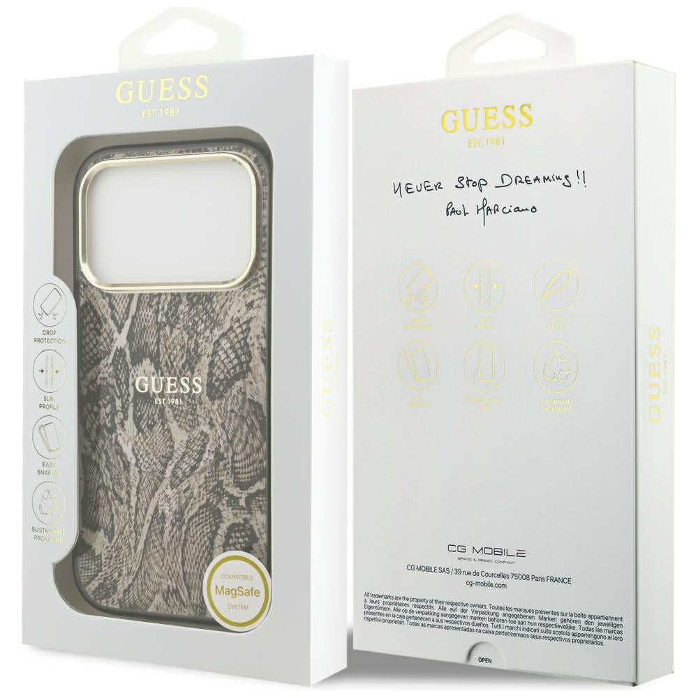 Custodia MagSafe per Apple iPhone 18 Pro / 17 Pro, Guess, motivo pitone, marrone