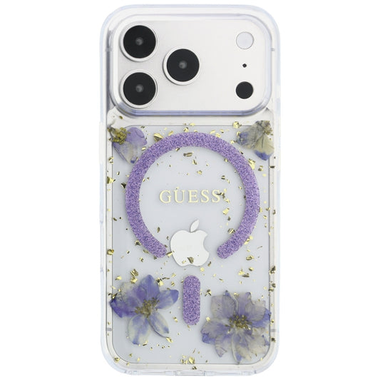 Custodia MagSafe per Apple iPhone 18 Pro / 17 Pro, Guess, Fiori in Resina e Glitter, Viola