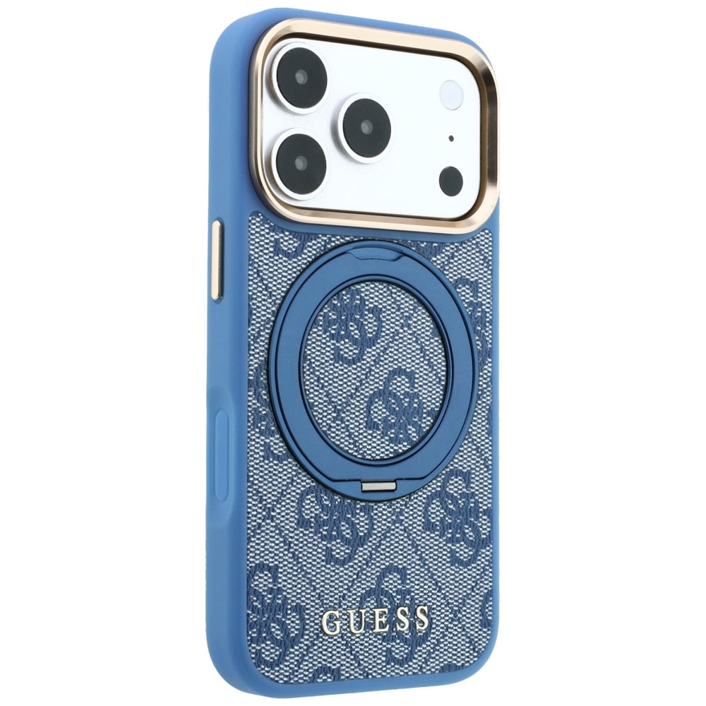 Custodia MagSafe per Apple iPhone 18 Pro / 17 Pro, Guess, Ring Stand 360 4G Classic Logo, Blu