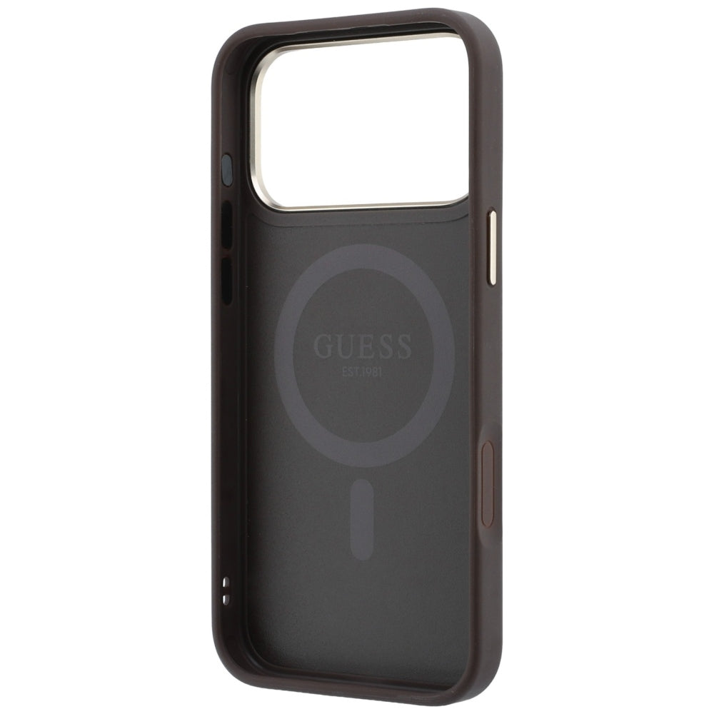 Custodia MagSafe per Apple iPhone 18 Pro / 17 Pro, Guess, Ring Stand 360 4G Classic Logo, Marrone
