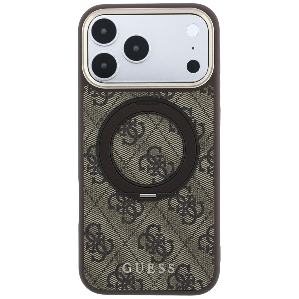 Custodia MagSafe per Apple iPhone 18 Pro / 17 Pro, Guess, Ring Stand 360 4G Classic Logo, Marrone