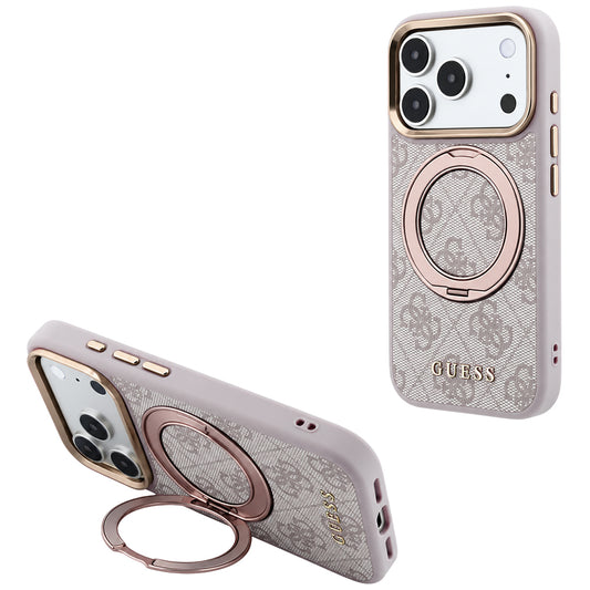Custodia MagSafe per Apple iPhone 18 Pro / 17 Pro, Guess, Ring Stand 360 4G Classic Logo, Rosa