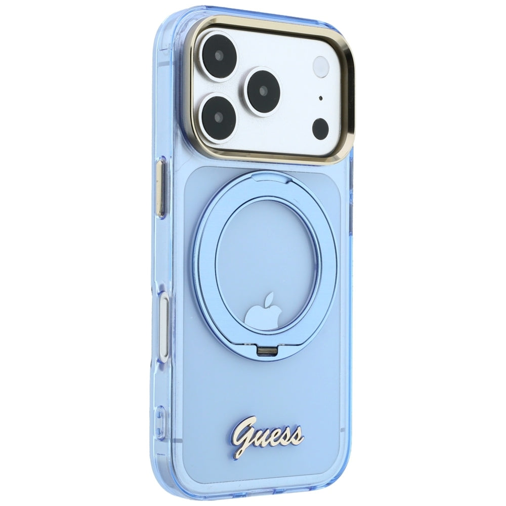 Custodia MagSafe per Apple iPhone 18 Pro / 17 Pro, Guess, Ring Stand Script Metal Logo, Blu
