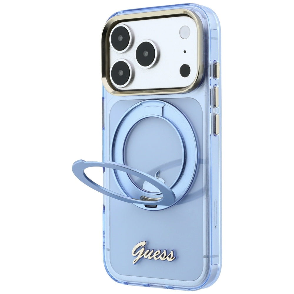 Custodia MagSafe per Apple iPhone 18 Pro / 17 Pro, Guess, Ring Stand Script Metal Logo, Blu