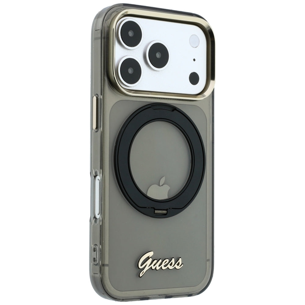 Custodia MagSafe per Apple iPhone 18 Pro / 17 Pro, Guess, Ring Stand Script Metal Logo, Nera