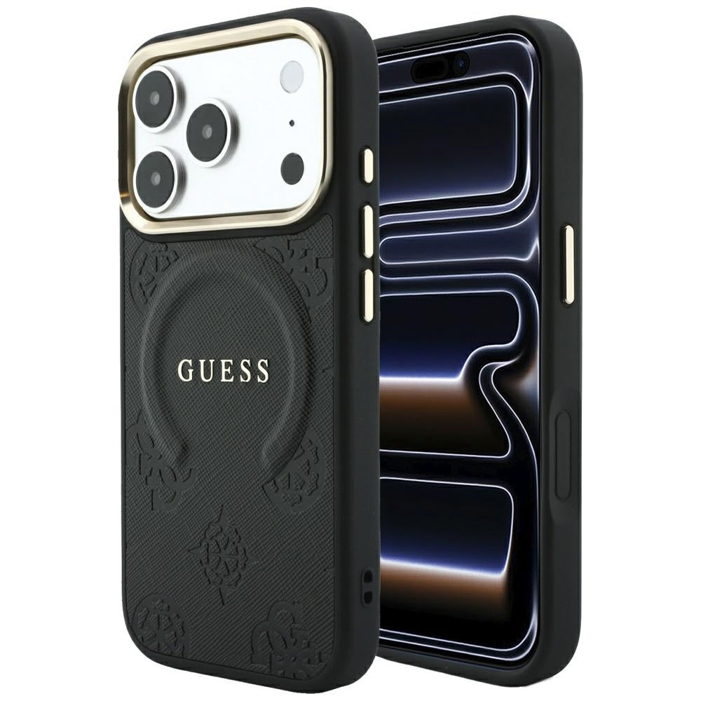 Custodia MagSafe per Apple iPhone 18 Pro / 17 Pro, Guess, Saffiano Peony Ring, Nera