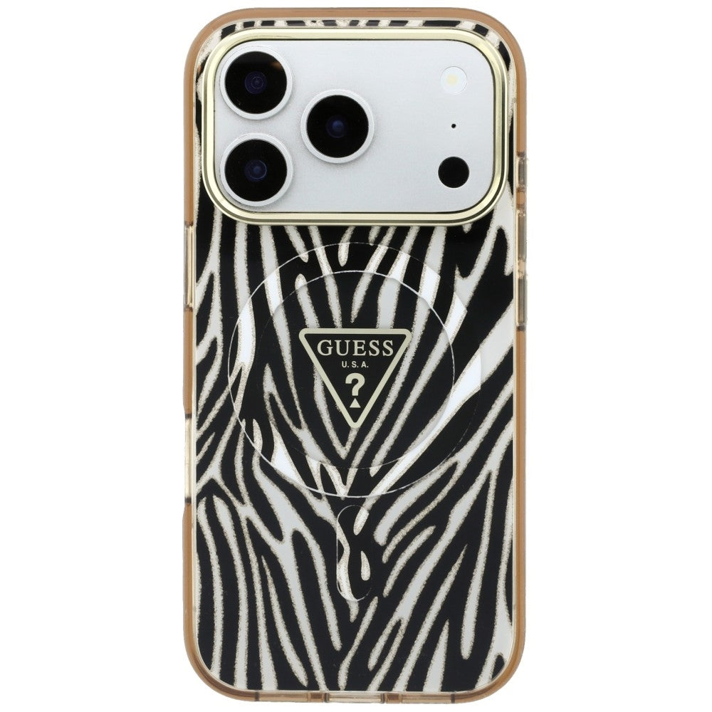 Custodia MagSafe per Apple iPhone 18 Pro / 17 Pro, Guess, Zebra Glitter Triangle Logo, Dorata