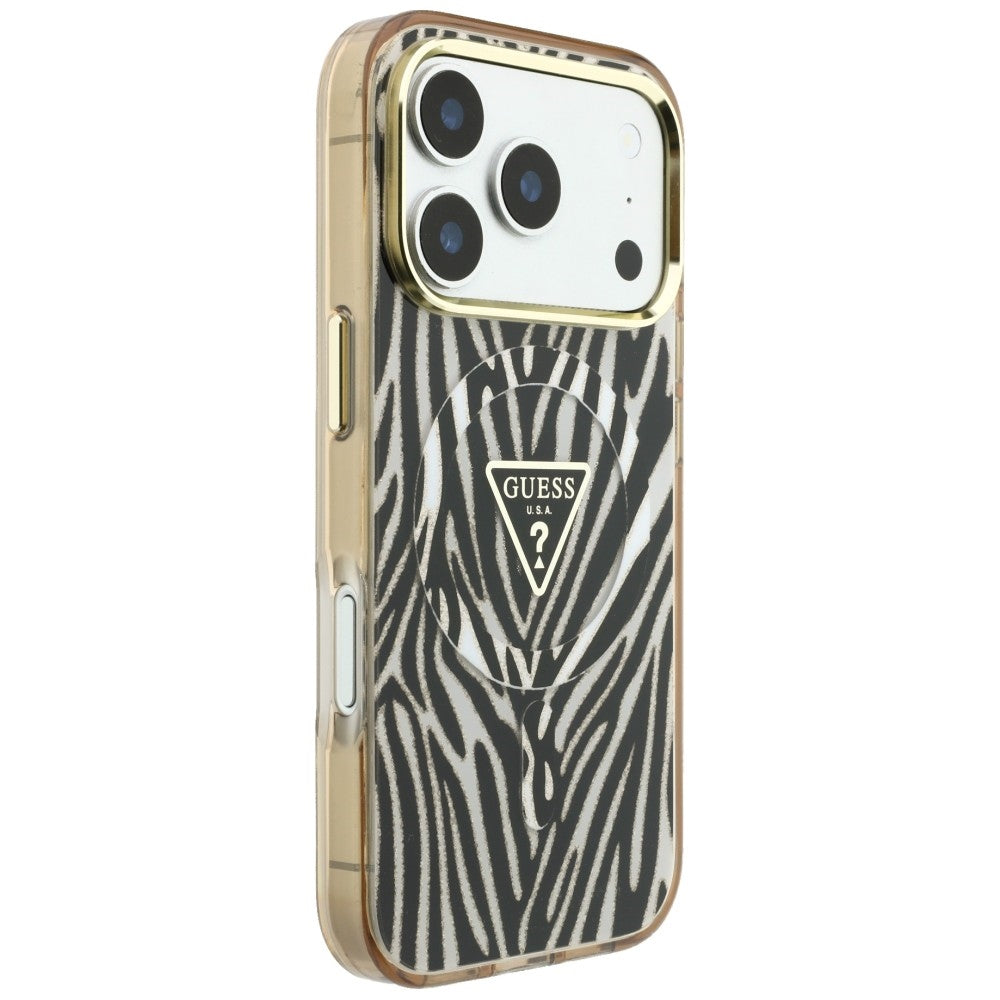 Custodia MagSafe per Apple iPhone 18 Pro / 17 Pro, Guess, Zebra Glitter Triangle Logo, Dorata