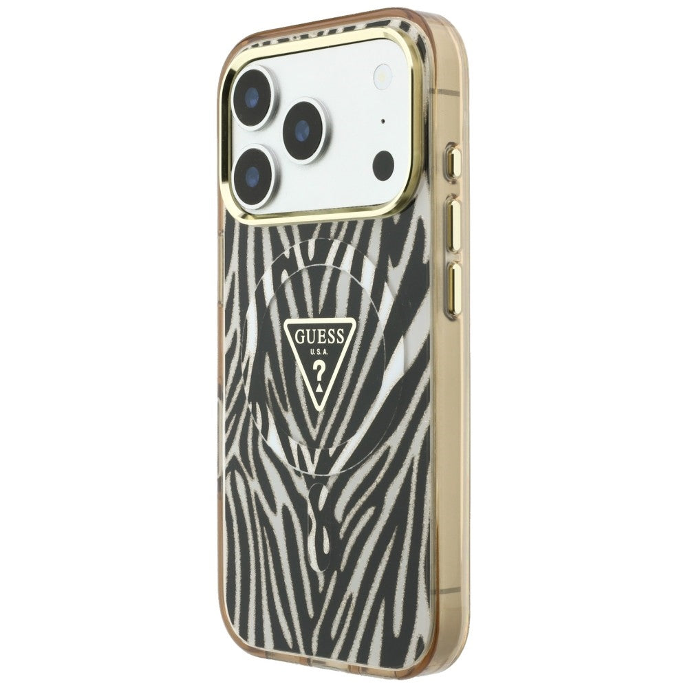 Custodia MagSafe per Apple iPhone 18 Pro / 17 Pro, Guess, Zebra Glitter Triangle Logo, Dorata