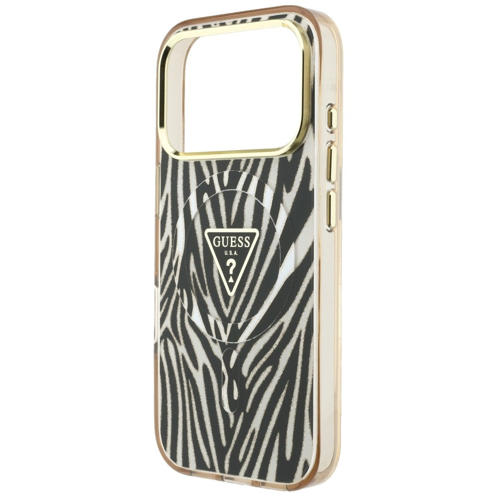 Custodia MagSafe per Apple iPhone 18 Pro / 17 Pro, Guess, Zebra Glitter Triangle Logo, Dorata