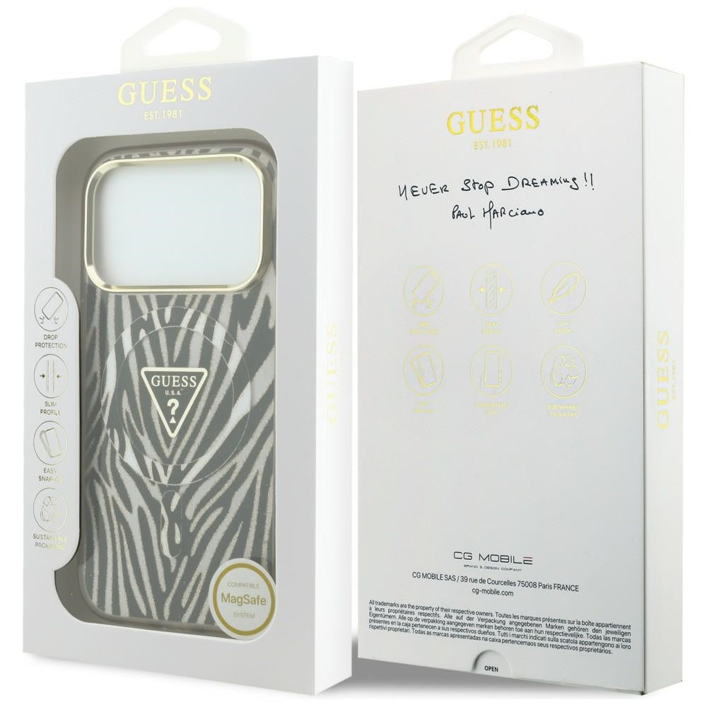 Custodia MagSafe per Apple iPhone 18 Pro / 17 Pro, Guess, Zebra Glitter Triangle Logo, Dorata