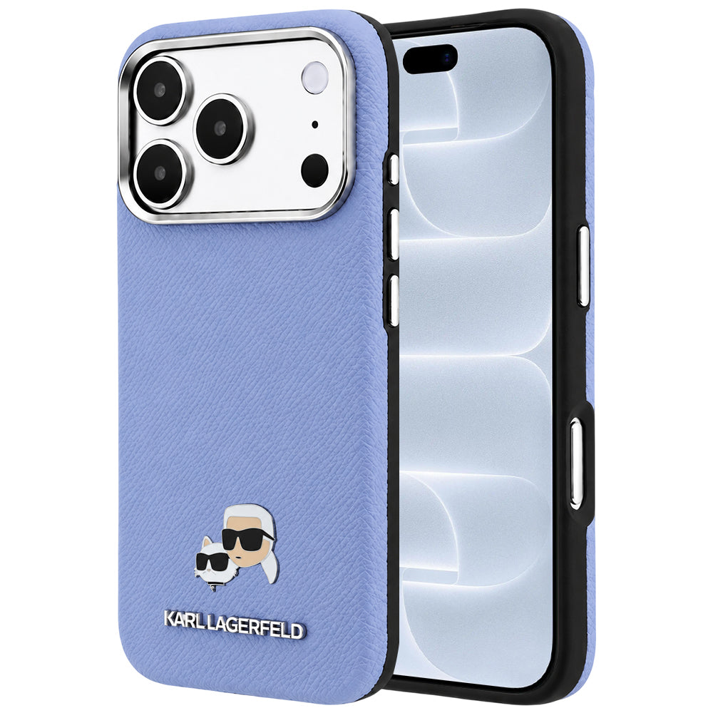 Custodia MagSafe per Apple iPhone 18 Pro / 17 Pro, Karl Lagerfeld, Grained Karl & Choupette Head's Metal, Bleu