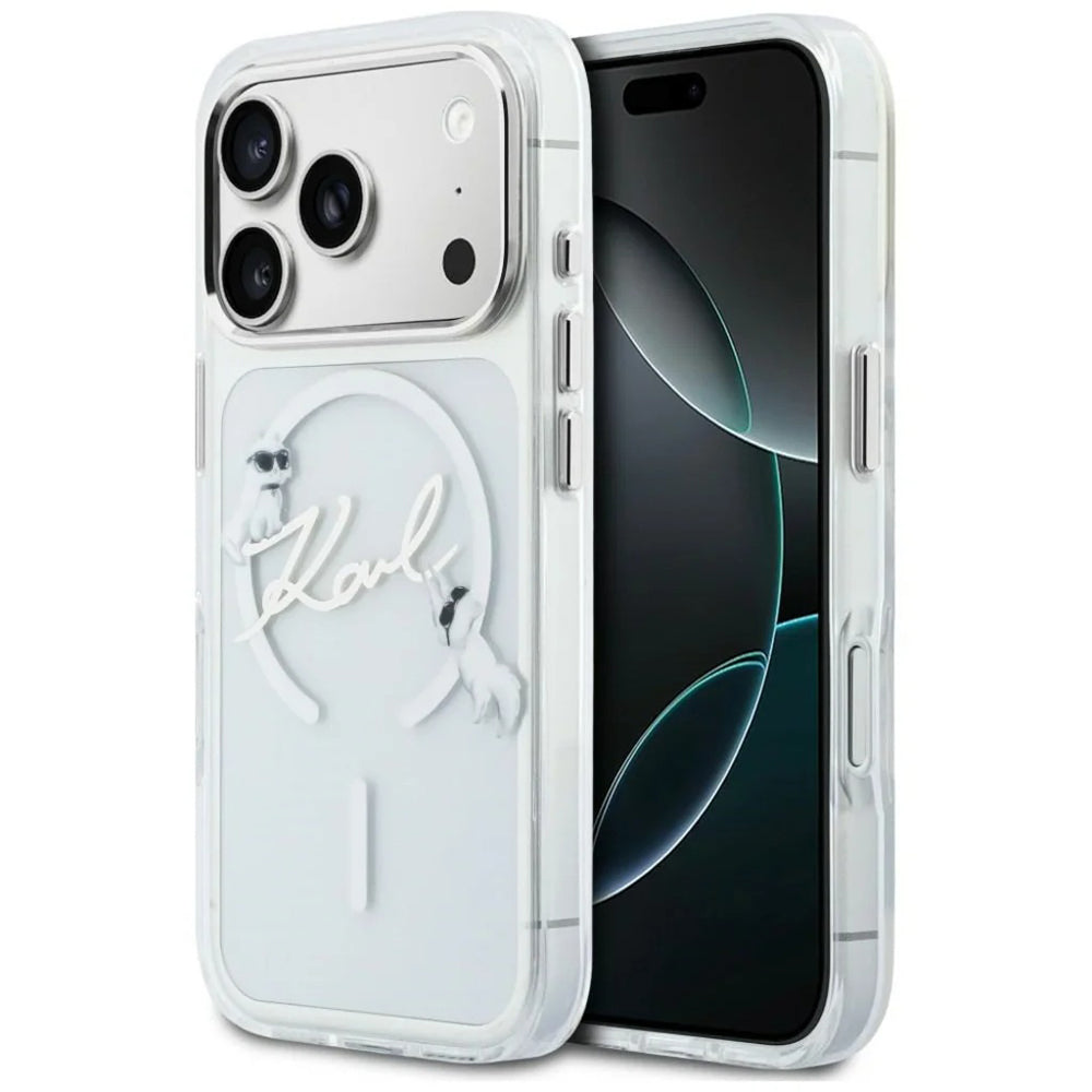 Custodia MagSafe per Apple iPhone 18 Pro / 17 Pro, Karl Lagerfeld, IML Choupette Karl Script Logo, Trasparente