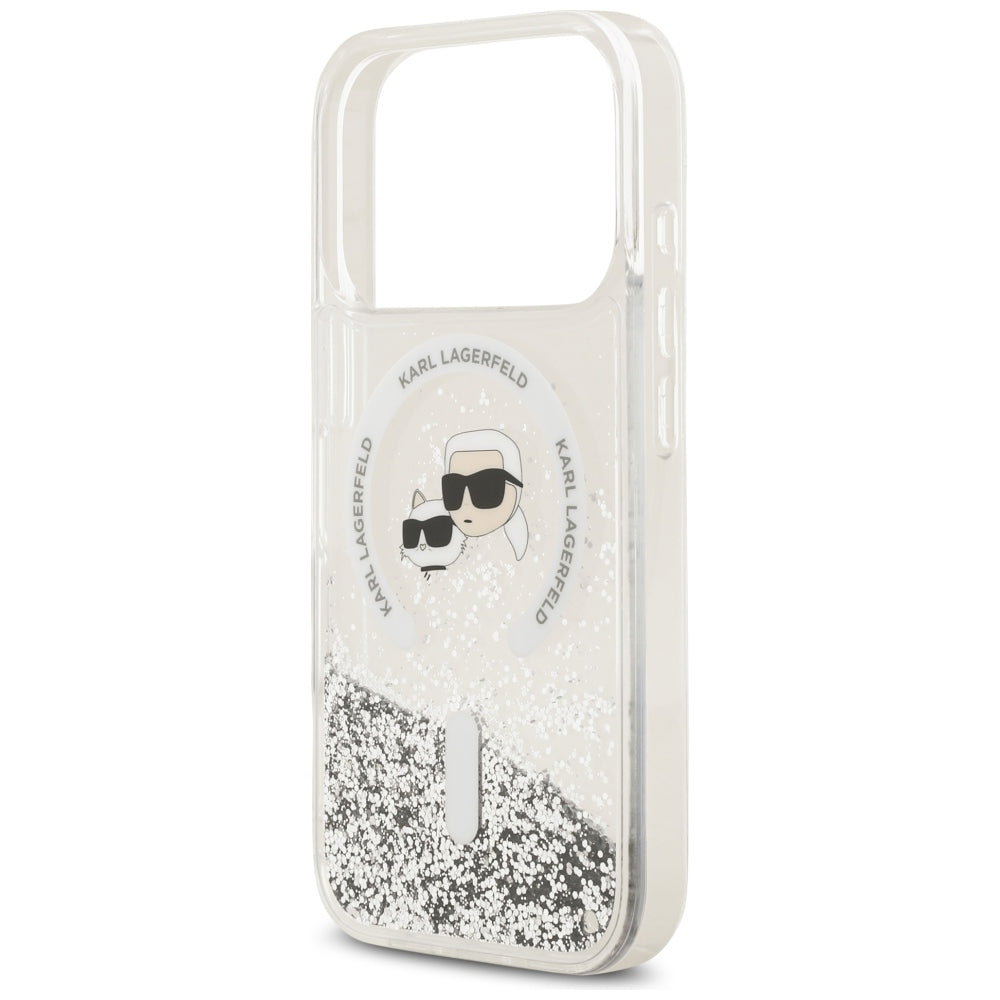 Custodia MagSafe per Apple iPhone 18 Pro / 17 Pro, Karl Lagerfeld, Liquid Glitter Karl & Choupette Head's, Trasparente