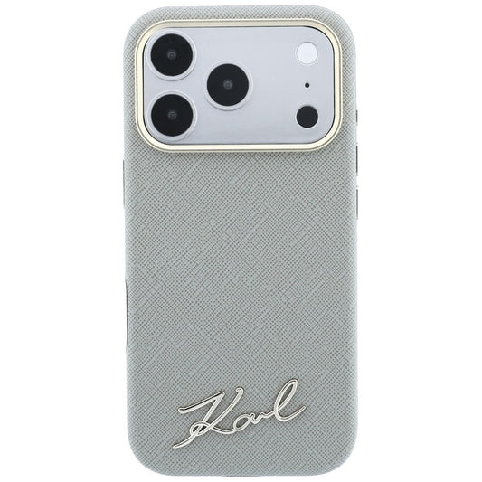 Custodia MagSafe per Apple iPhone 18 Pro / 17 Pro, Karl Lagerfeld, Saffiano Small Script Metal Logo, Grigio Beige