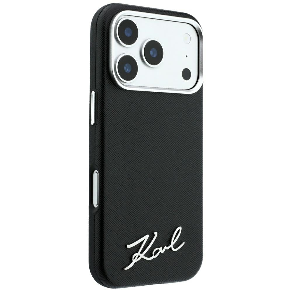 Custodia MagSafe per Apple iPhone 18 Pro / 17 Pro, Karl Lagerfeld, Saffiano Small Script Metal Logo, Nera