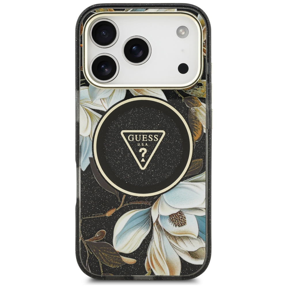 Custodia MagSafe per Apple iPhone 18 Pro, Guess, IML Metal Glitter Flowers Triangle, Nera