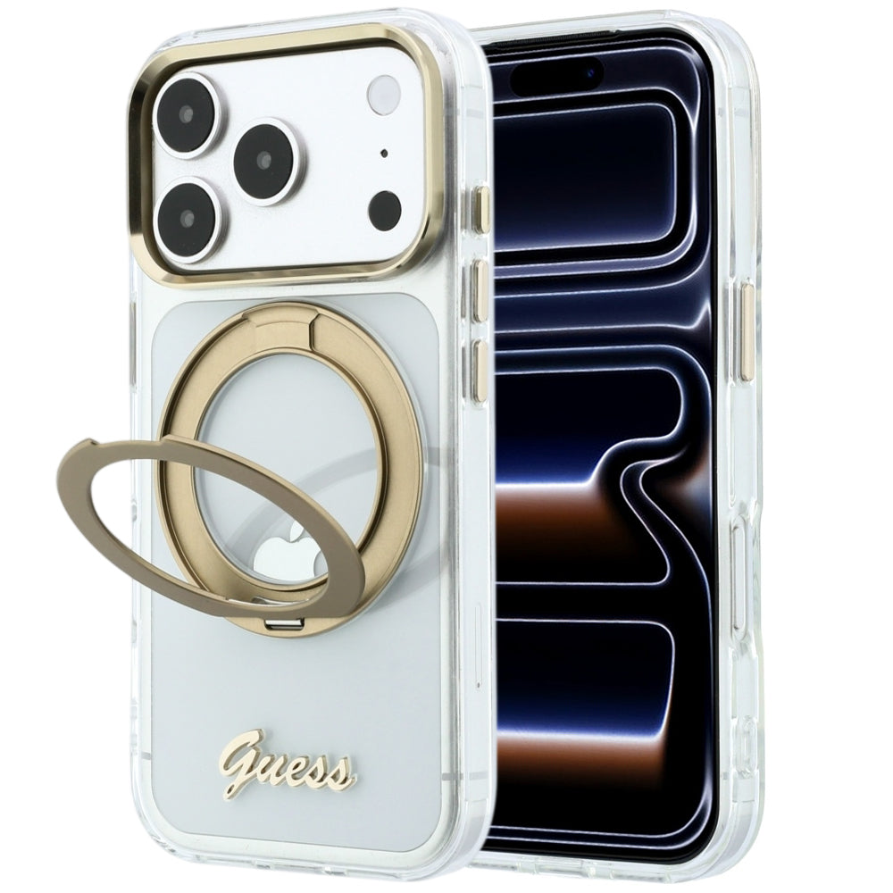 Custodia MagSafe per Apple iPhone 18 Pro, Guess, Ring Stand Script Metal Logo, Trasparente