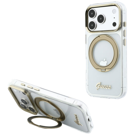 Custodia MagSafe per Apple iPhone 18 Pro, Guess, Ring Stand Script Metal Logo, Trasparente