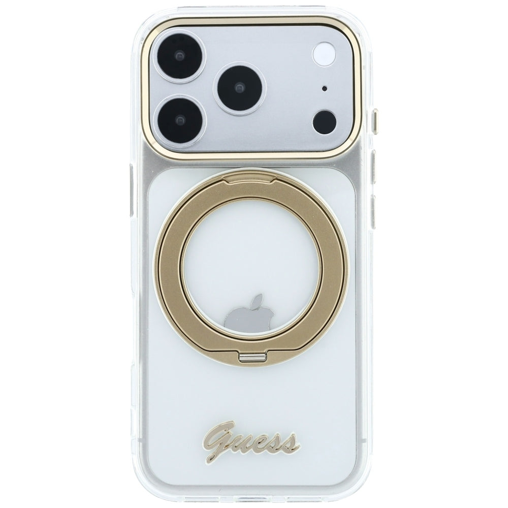 Custodia MagSafe per Apple iPhone 18 Pro, Guess, Ring Stand Script Metal Logo, Trasparente