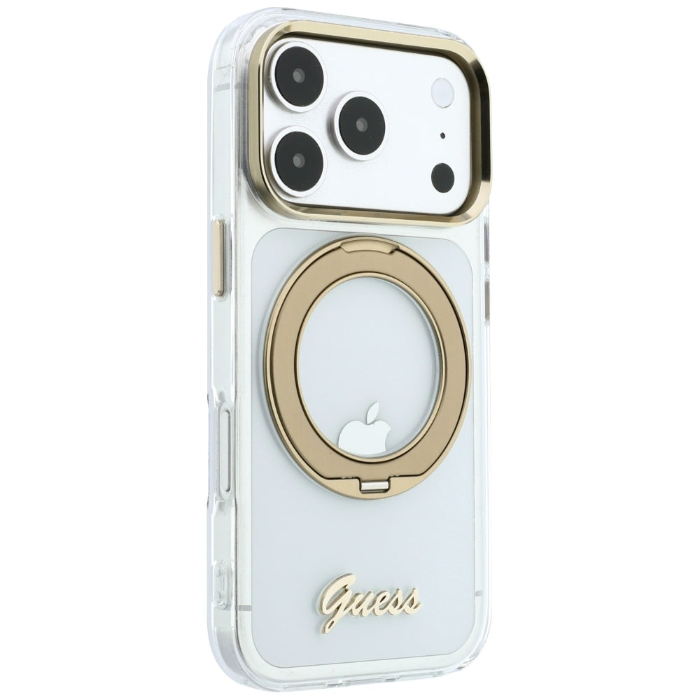 Custodia MagSafe per Apple iPhone 18 Pro, Guess, Ring Stand Script Metal Logo, Trasparente