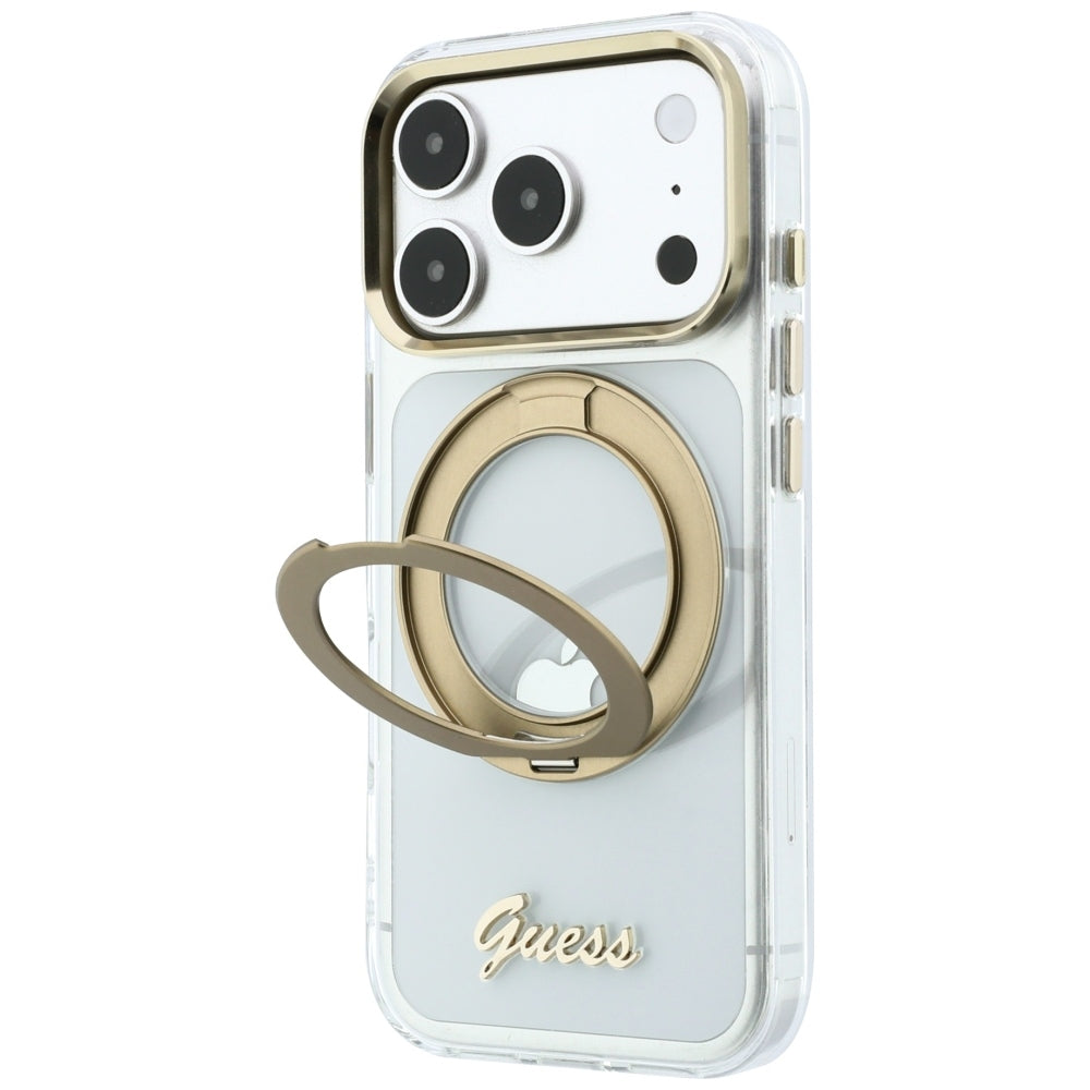Custodia MagSafe per Apple iPhone 18 Pro, Guess, Ring Stand Script Metal Logo, Trasparente