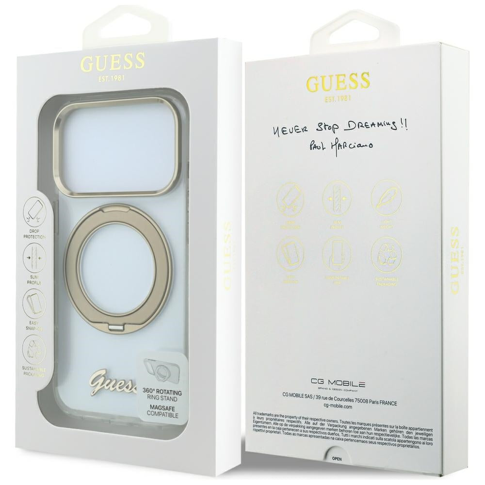 Custodia MagSafe per Apple iPhone 18 Pro, Guess, Ring Stand Script Metal Logo, Trasparente