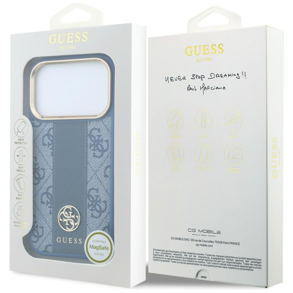 Custodia MagSafe per Apple iPhone 18 Pro Max / 17 Pro Max, Guess, 4G Stripe Round Classic Logo, Blu
