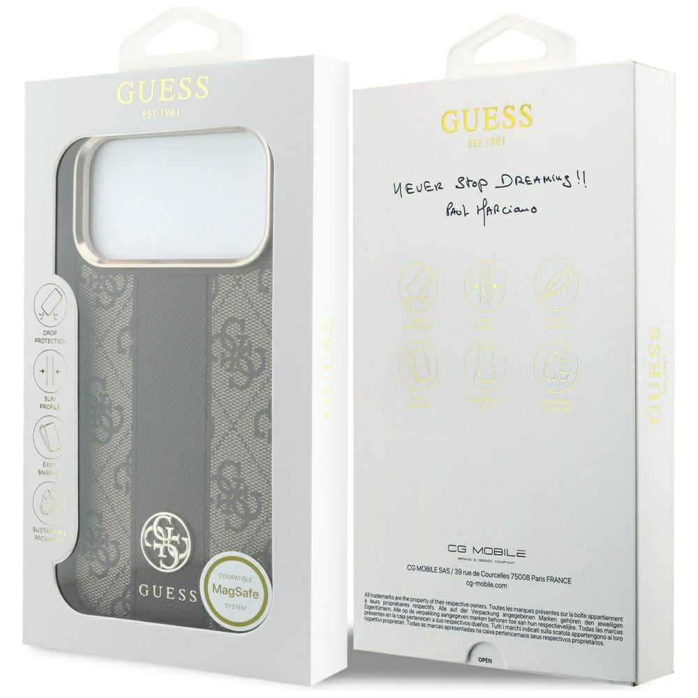 Custodia MagSafe per Apple iPhone 18 Pro Max / 17 Pro Max, Guess, 4G Stripe Round Classic Logo, Marrone