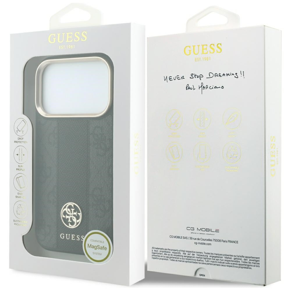 Custodia MagSafe per Apple iPhone 18 Pro Max / 17 Pro Max, Guess, 4G Stripe Round Classic Logo, Nera