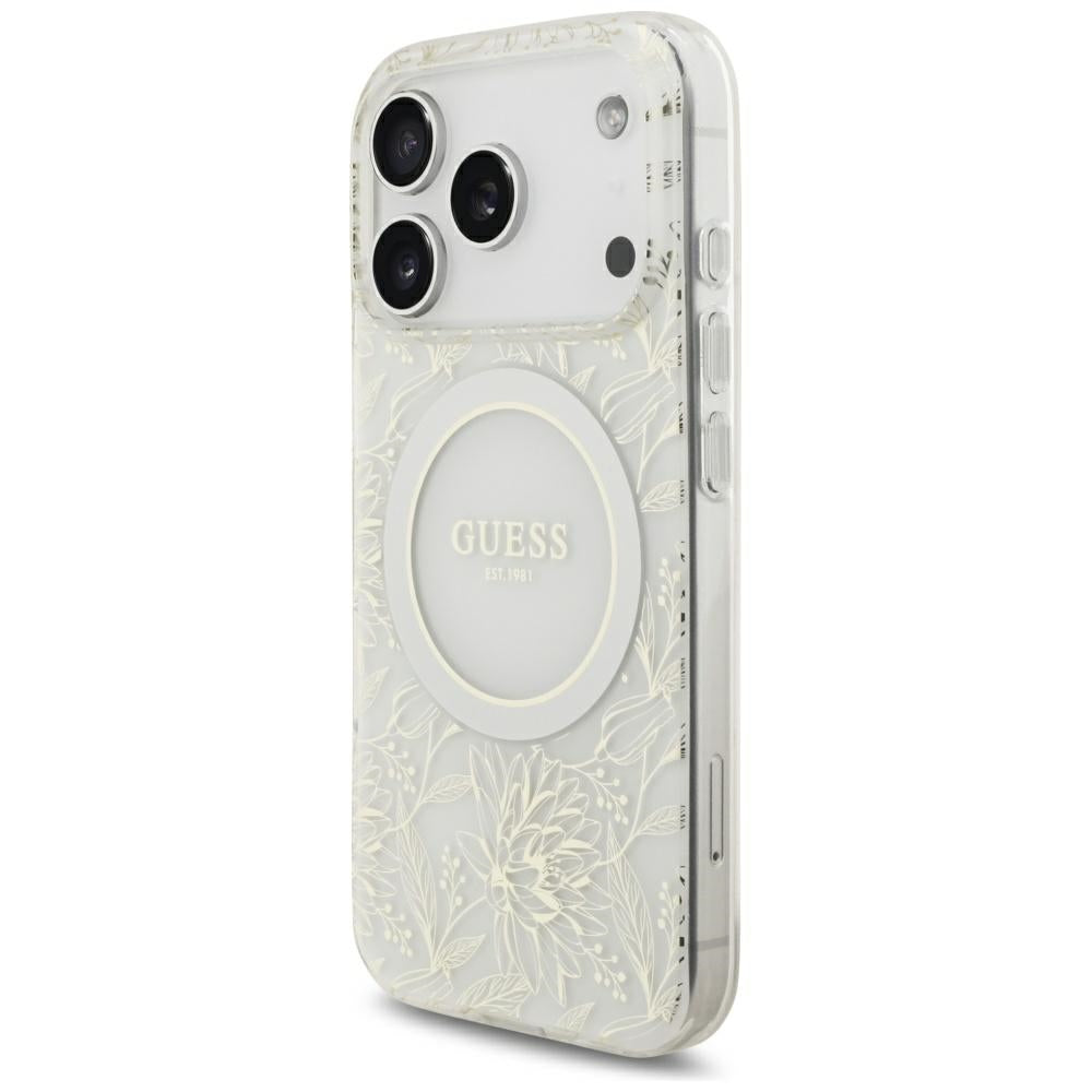 Custodia MagSafe per Apple iPhone 18 Pro Max / 17 Pro Max, Guess, IML Flowers Placcata Elettroliticamente con Cinturino Perla, Bianca