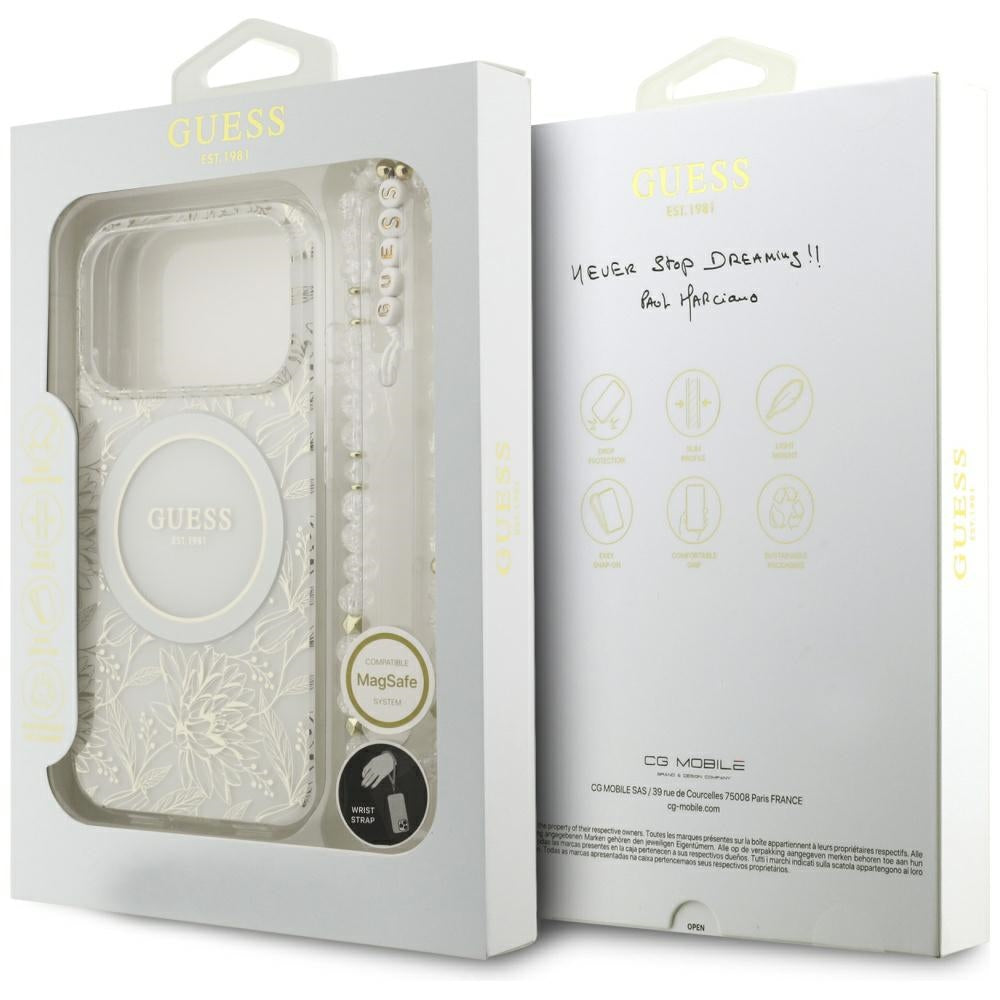 Custodia MagSafe per Apple iPhone 18 Pro Max / 17 Pro Max, Guess, IML Flowers Placcata Elettroliticamente con Cinturino Perla, Bianca