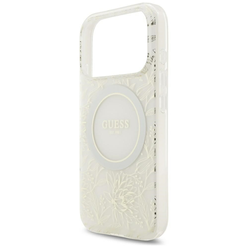 Custodia MagSafe per Apple iPhone 18 Pro Max / 17 Pro Max, Guess, IML Flowers Placcata Elettroliticamente con Cinturino Perla, Bianca