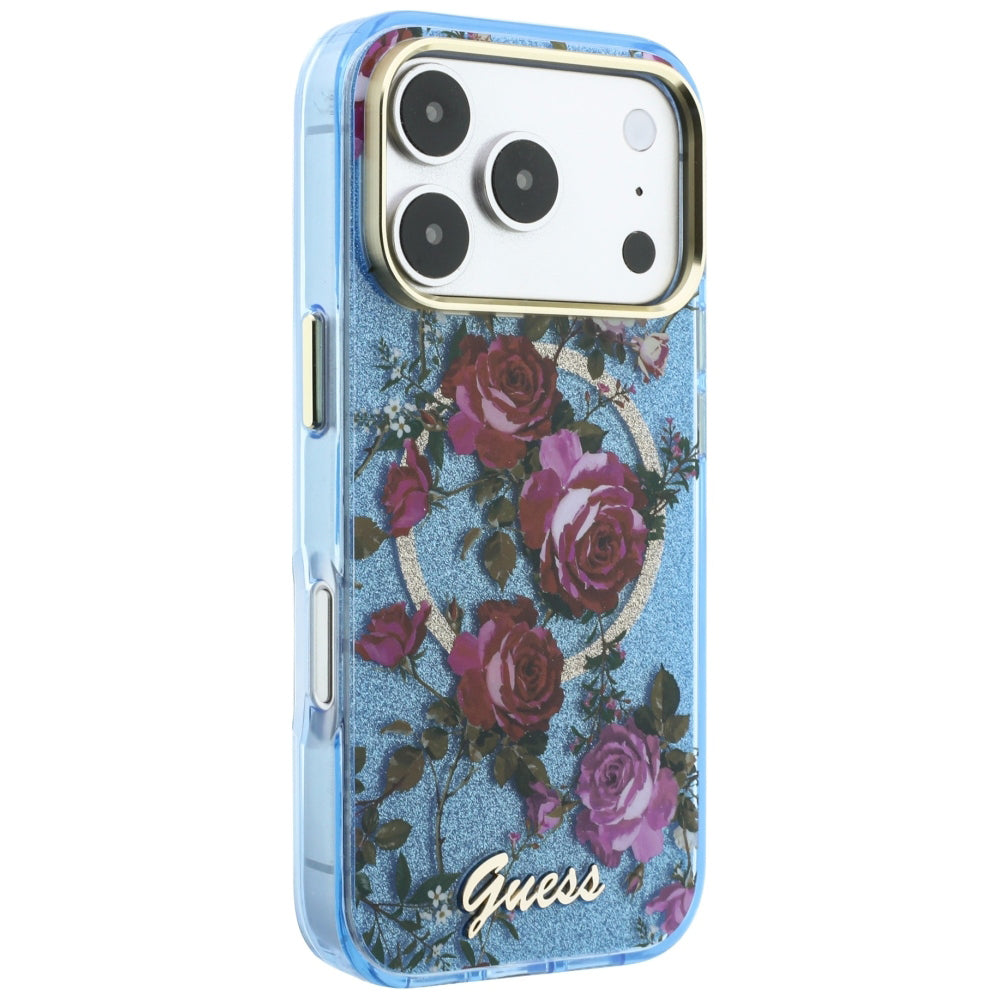 Custodia MagSafe per Apple iPhone 18 Pro Max / 17 Pro Max, Guess, IML Glitter Blossom Roses, Blu