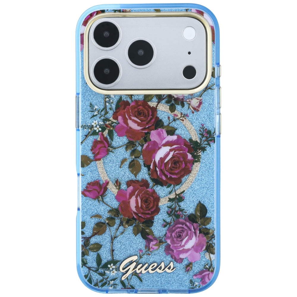 Custodia MagSafe per Apple iPhone 18 Pro Max / 17 Pro Max, Guess, IML Glitter Blossom Roses, Blu