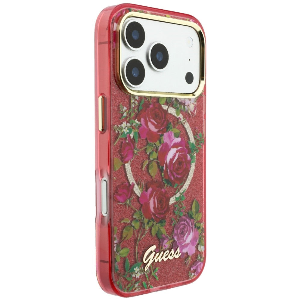 Custodia MagSafe per Apple iPhone 18 Pro Max / 17 Pro Max, Guess, IML Glitter Blossom Roses, Vinaccia