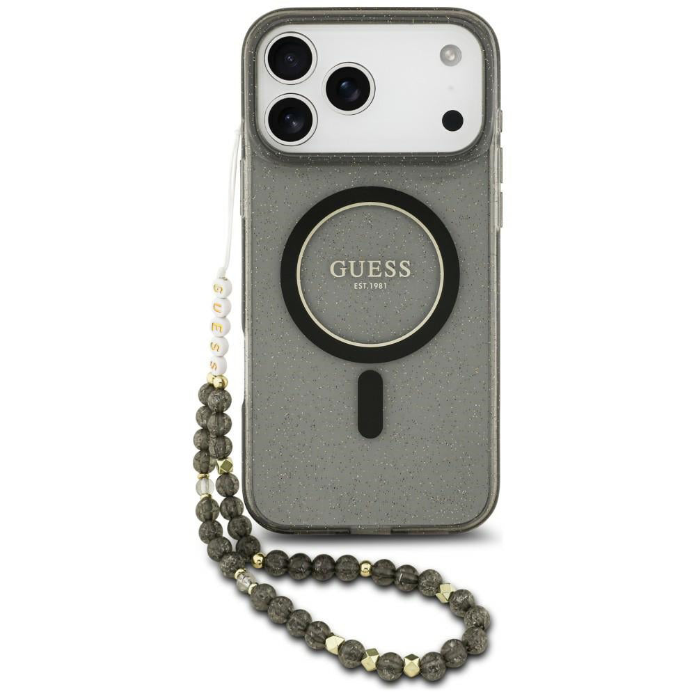 Custodia MagSafe per Apple iPhone 18 Pro Max / 17 Pro Max, Guess, IML Glitter with Pearl Strap, nera