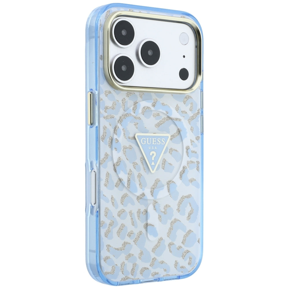 Custodia MagSafe per Apple iPhone 18 Pro Max / 17 Pro Max, Guess, Logo Triangolo Glitter Leopardo, Blu