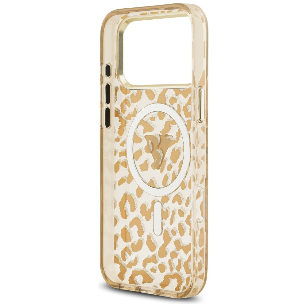 Custodia MagSafe per Apple iPhone 18 Pro Max / 17 Pro Max, Guess, Logo Triangolo Glitter Leopardo, Marrone