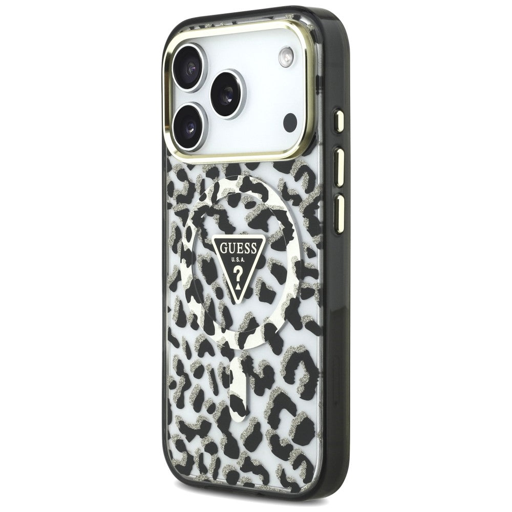 Custodia MagSafe per Apple iPhone 18 Pro Max / 17 Pro Max, Guess, Logo Triangolo Glitter Leopardo, Nera