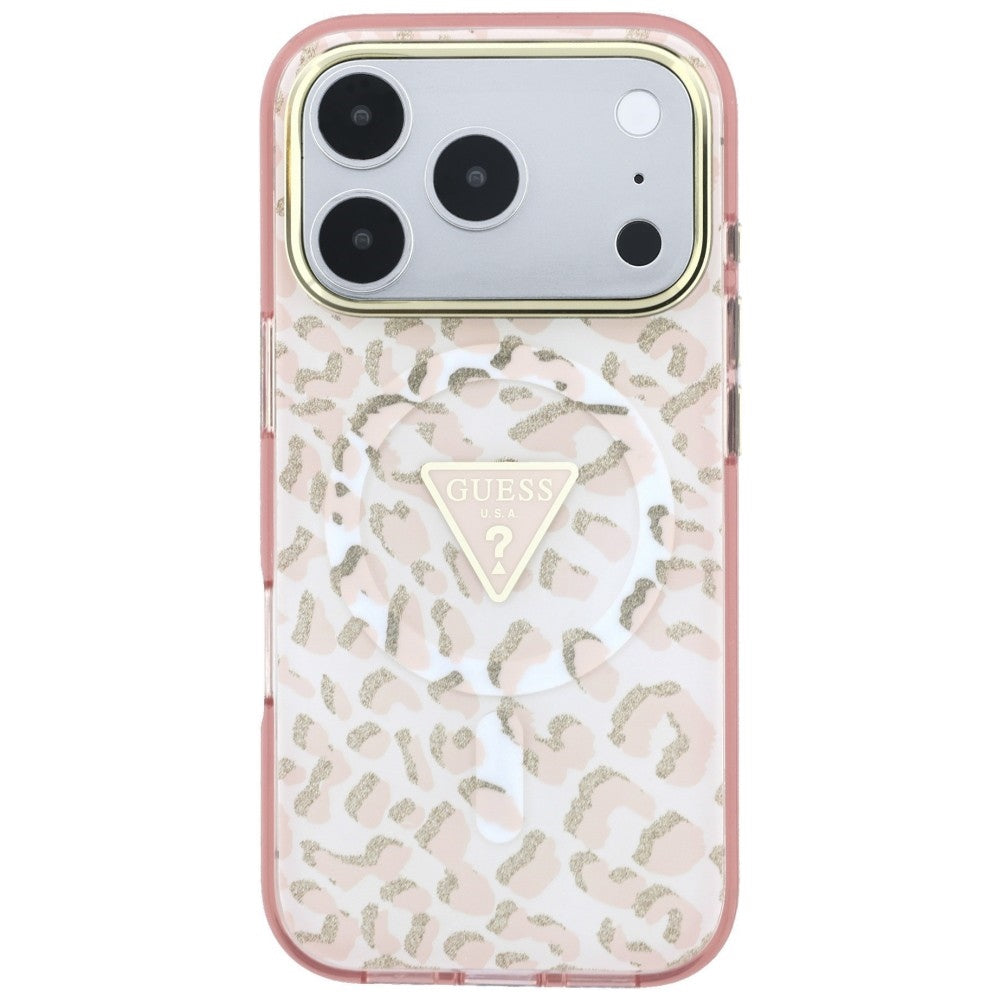 Custodia MagSafe per Apple iPhone 18 Pro Max / 17 Pro Max, Guess, Logo Triangolo Glitter Leopardo, Rosa