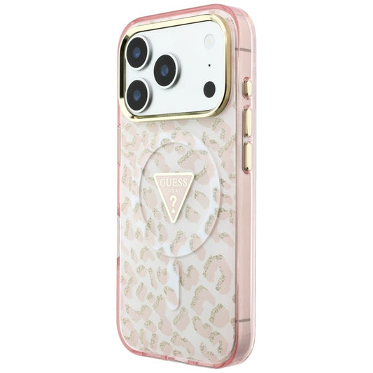Custodia MagSafe per Apple iPhone 18 Pro Max / 17 Pro Max, Guess, Logo Triangolo Glitter Leopardo, Rosa