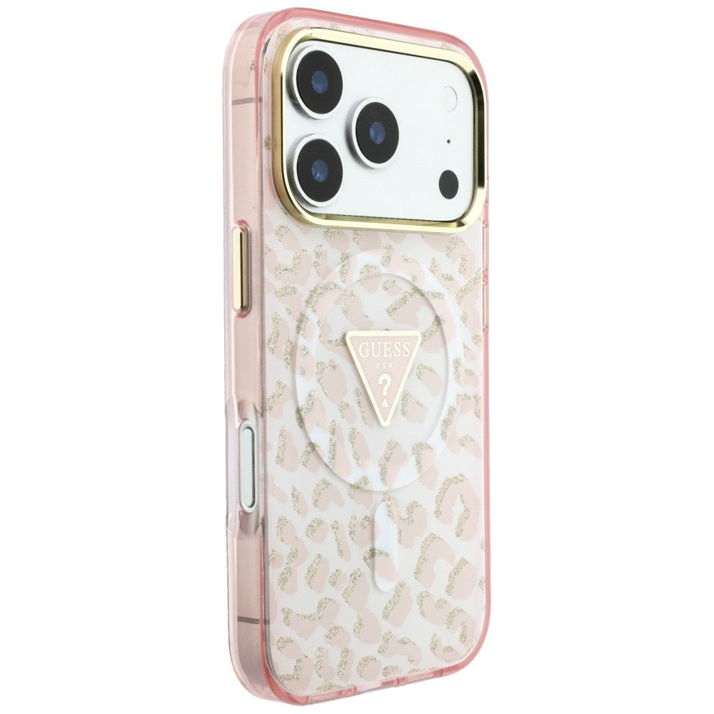 Custodia MagSafe per Apple iPhone 18 Pro Max / 17 Pro Max, Guess, Logo Triangolo Glitter Leopardo, Rosa